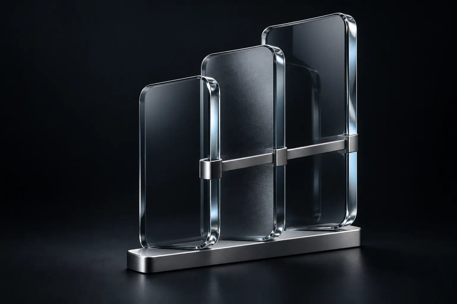 Three bevelled glass plates held in a satin metal frame